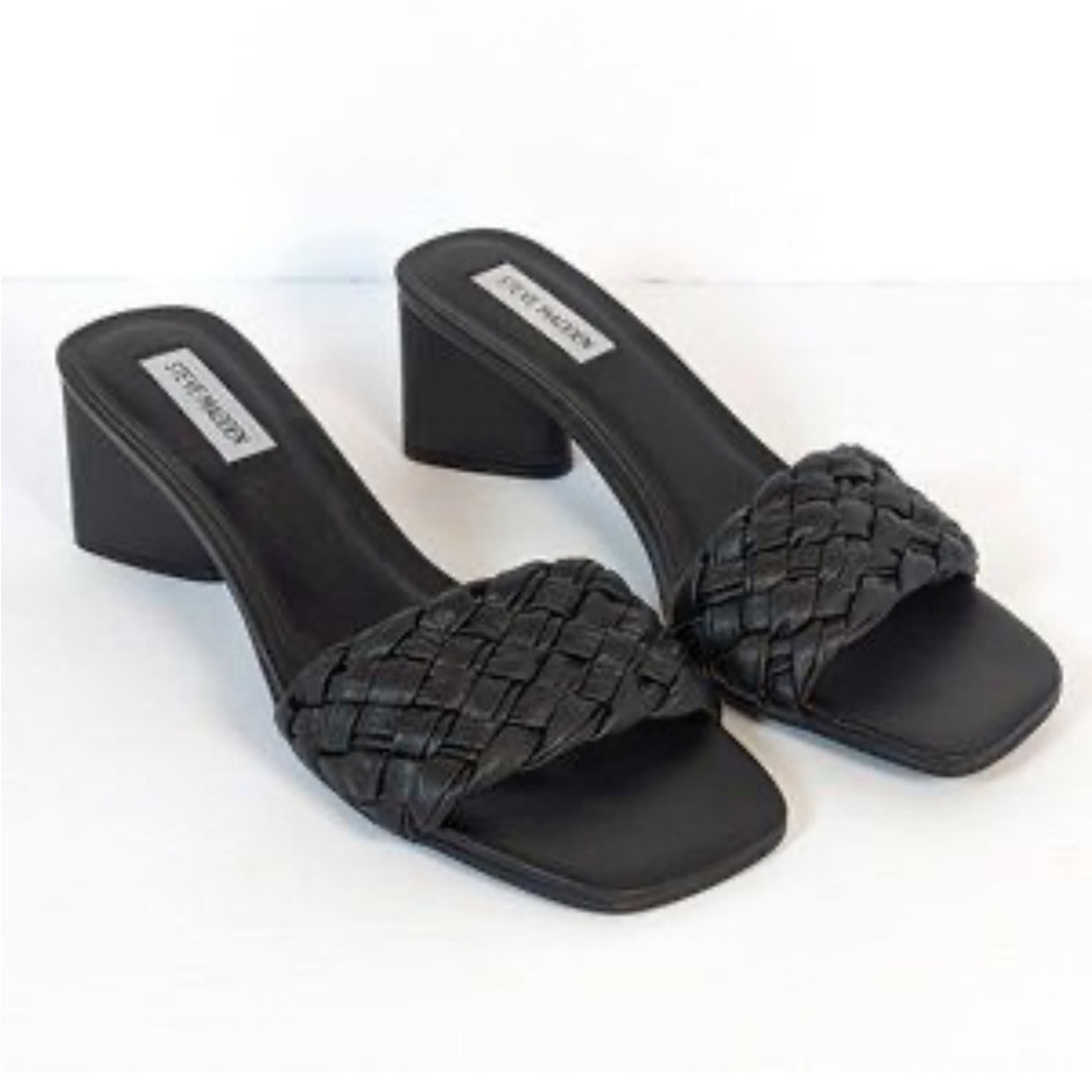 Steve Madden Palas Black Woven Women's Sandal Slide Braided Strap Square Toe 9